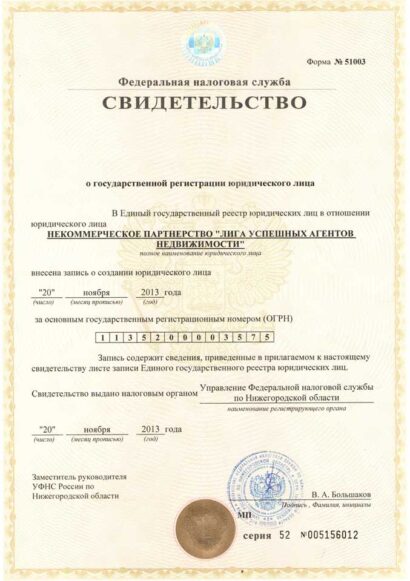 Свидетельство о государственной регистрации некоммерческой организации